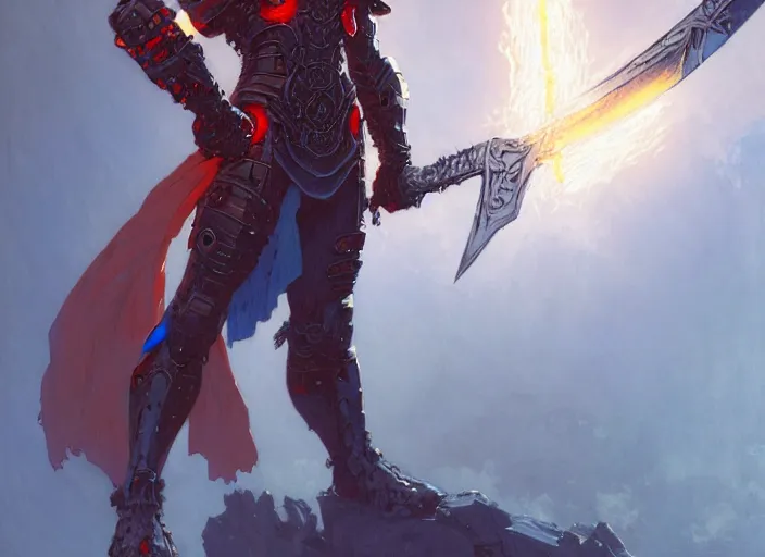 Image similar to character design digital 2 d man viking cape evangelion cyborg blue armor sword of fire by gaston bussiere, anna nikonova aka newmilky, greg rutkowski, yoji shinkawa, yoshitaka amano, tsutomu nihei, muira, moebius, donato giancola, trending on artstation, featured on pixiv