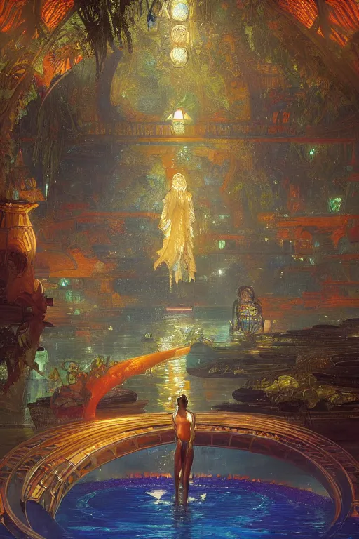 Prompt: Concept Digital Art Highly detailed Alien Art Deco Cybertron lazy river inside of the Vosian Opera with glowing orange water at midnight by greg rutkowski, Ilya repin, alphonse mucha, and Edmund Blair Leighton. Very highly detailed 8K, octane, Digital painting, the golden ratio, rational painting, sharp