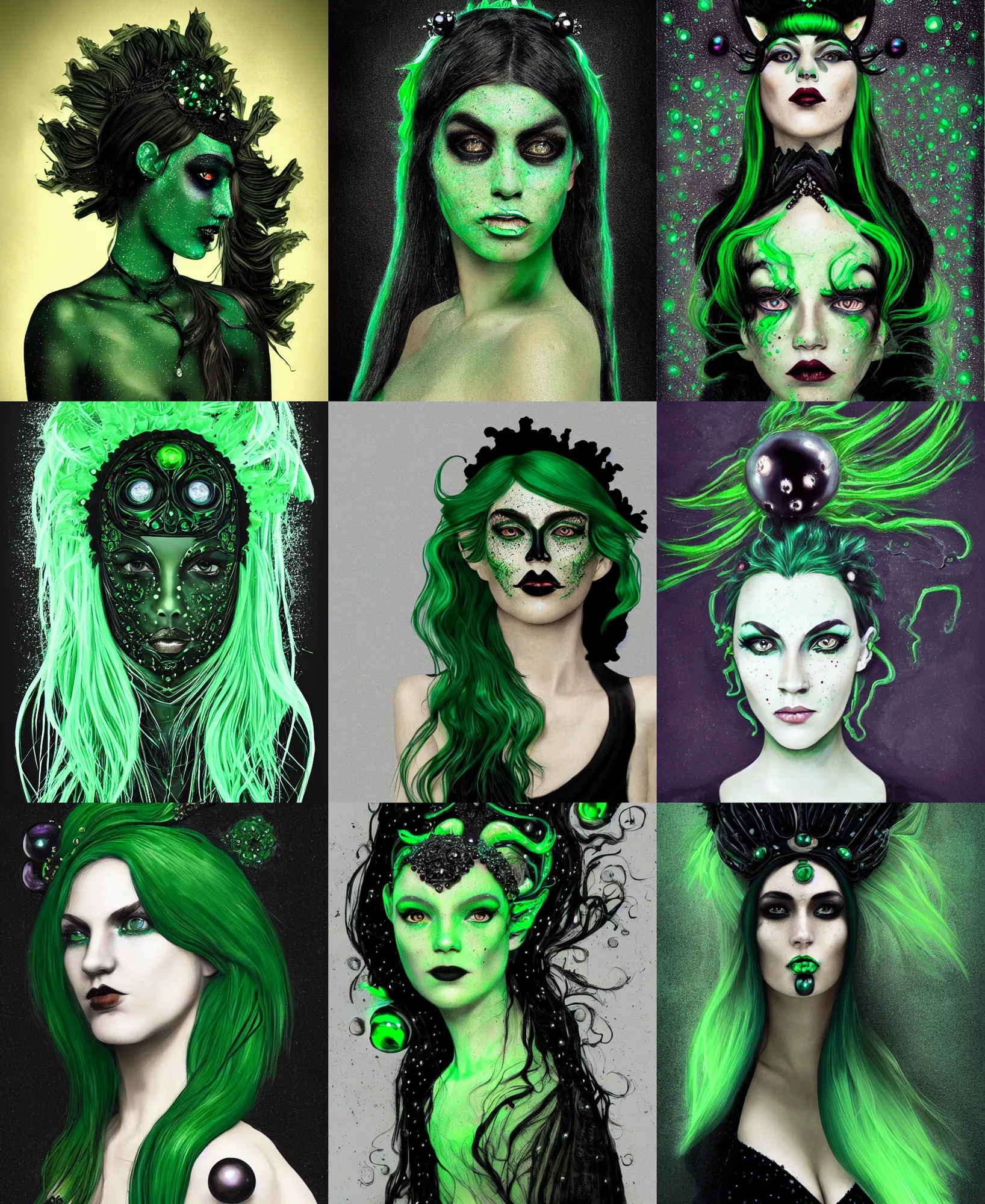 Prompt: Green girl with green hair in black dress, black art nouveau style headdress, black pearls, black gems, glowing eyes, light freckles, portrait, biomech, concept art, medium shot, unreal, octane, symmetrical, photorealism