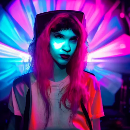 Image similar to grimes on stage djing, volumetric neon lights in the background, gleaming, 3 5 mm photography, portrait!!!!!!, trending on artstation, 4 k, 8 k, zbrush, mannerism