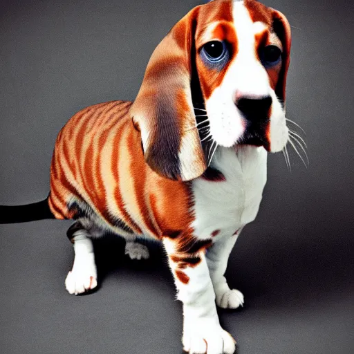 Prompt: a feline basset hound - cat - hybrid, animal photography