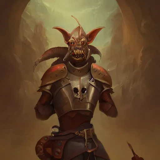 Prompt: portrait of a kobold paladin in fullmetal plate, with deep pain and trauma, tormented look, d & d character portrait, by peter mohrbacher, digital art, trending on artstation