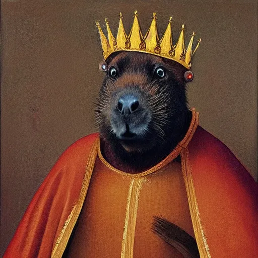 Prompt: “An oil painting portrait of a capybara wearing medieval royal robes and an ornate crown on a dark background”