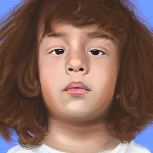 Image similar to portrait of a boy with long fluffy brown hair. blue background. large brush strokes, digital art, procreate