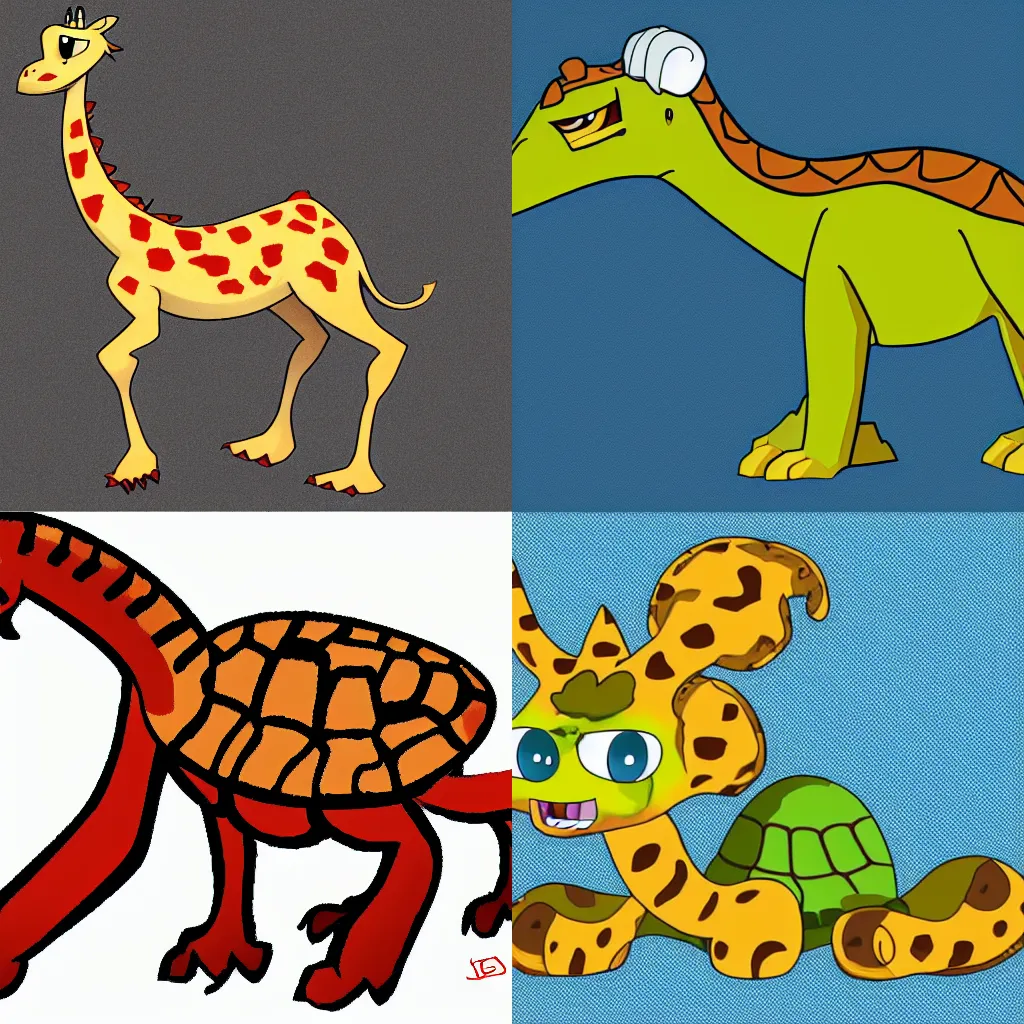 Prompt: illustration of a cartoon monster that looks like a turtle-giraffe chimera. In the style of Pokémon, on a white background.