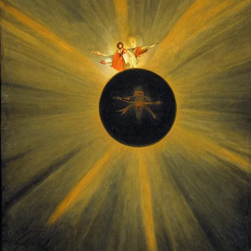 Prompt: painting of an unholy pure light being soaring through the firmament, surrounded Flemish