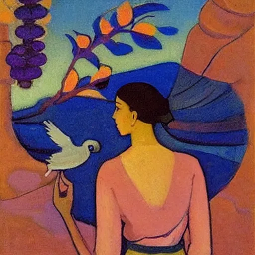 Prompt: Art installation. a woman is shown from behind, her body slightly blurred as if in motion. Her long hair cascades down her back, and she is holding a small bird in her hand. by Nicholas Roerich daring