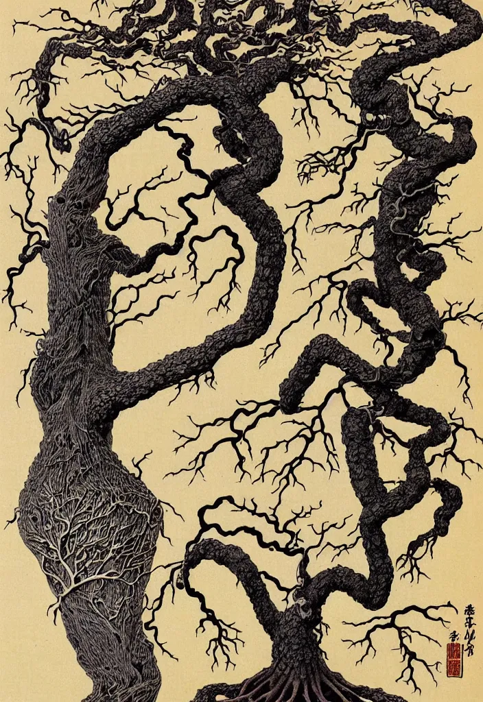 Image similar to prompt: anatomy dissection drawing veins and organs tree character drawn by Takato Yamamoto, bonsai anatomy atlas, veins and organs attached to tree roots, alchemical objects inspired by 1980's sci-ci, old experimentation cabinet, intricate oil painting detail, manga 1980
