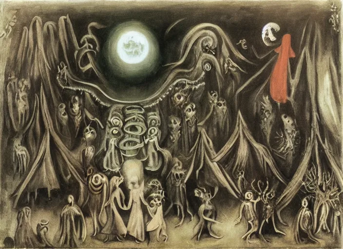 Image similar to a procession of eldritch cultist towards a lovecraftian temple by leonora carrington