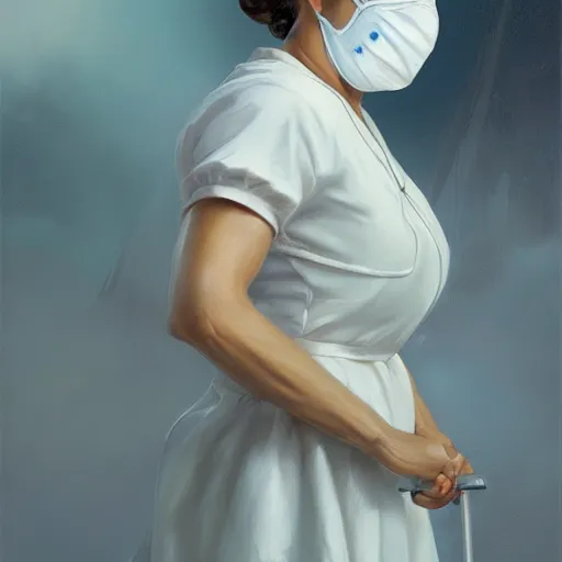 Image similar to epic portrait an female nurse in a white dress and short sleeves wearing a mask and closing her eyes, detailed, centered, digital painting, artstation, concept art, donato giancola, Joseph Christian Leyendecker, WLOP, Boris Vallejo, Breathtaking, 8k resolution, extremely detailed, beautiful, establishing shot, artistic, hyperrealistic, beautiful face, octane render