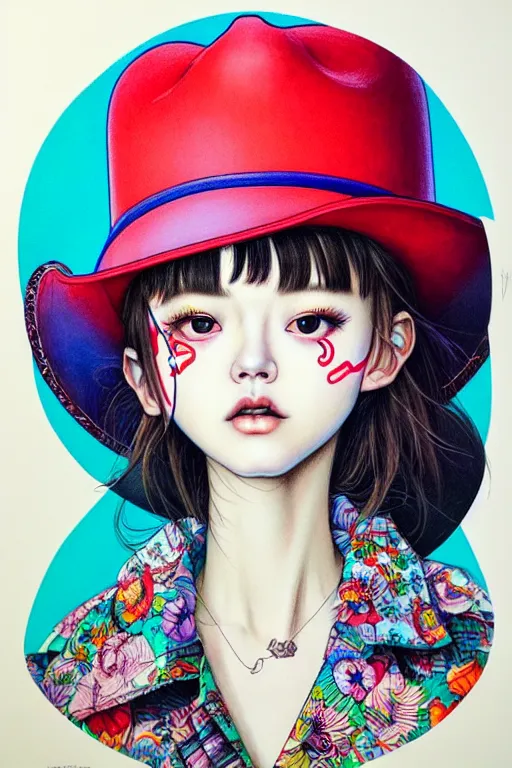 Image similar to girl wearing cowboy hat, style of yoshii chie and hikari shimoda and martine johanna, highly detailed