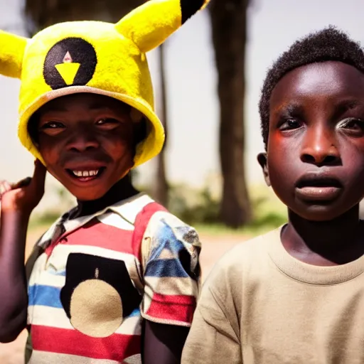 Image similar to a small african boy and an girl wearing a pikachu costume, movie still from tank girl, wide angle shot, ultra detailed, portrait, in the style of studio ghibli and roger ballen,