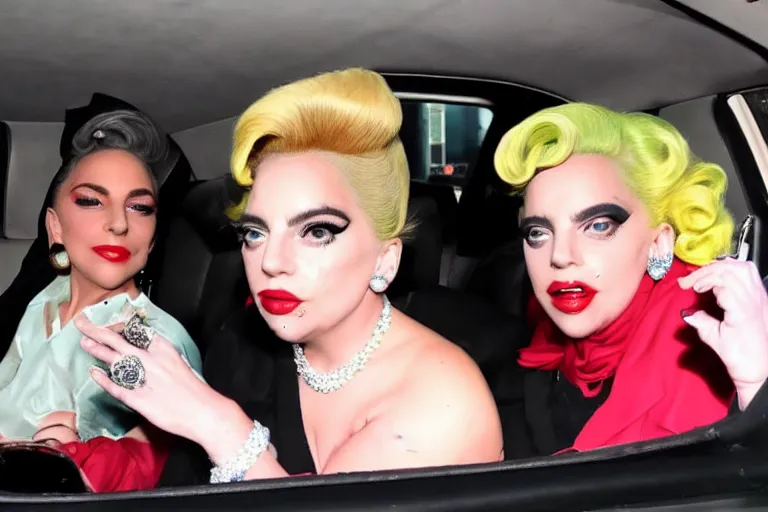 Image similar to lady gaga and judy garland doing carpool karaoke, lady gaga and judy garland, carpool karaoke, lady gaga, judy garland, carpool karaoke, youtube video screenshot, the late late show with james corden