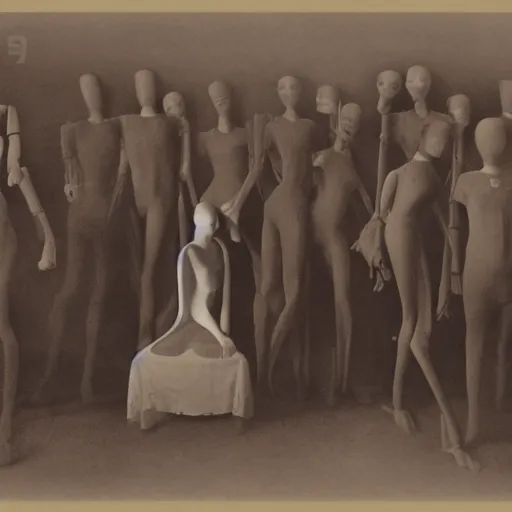 Image similar to a manikin party, photograph, style of atget, nightmare, concept art, creepy