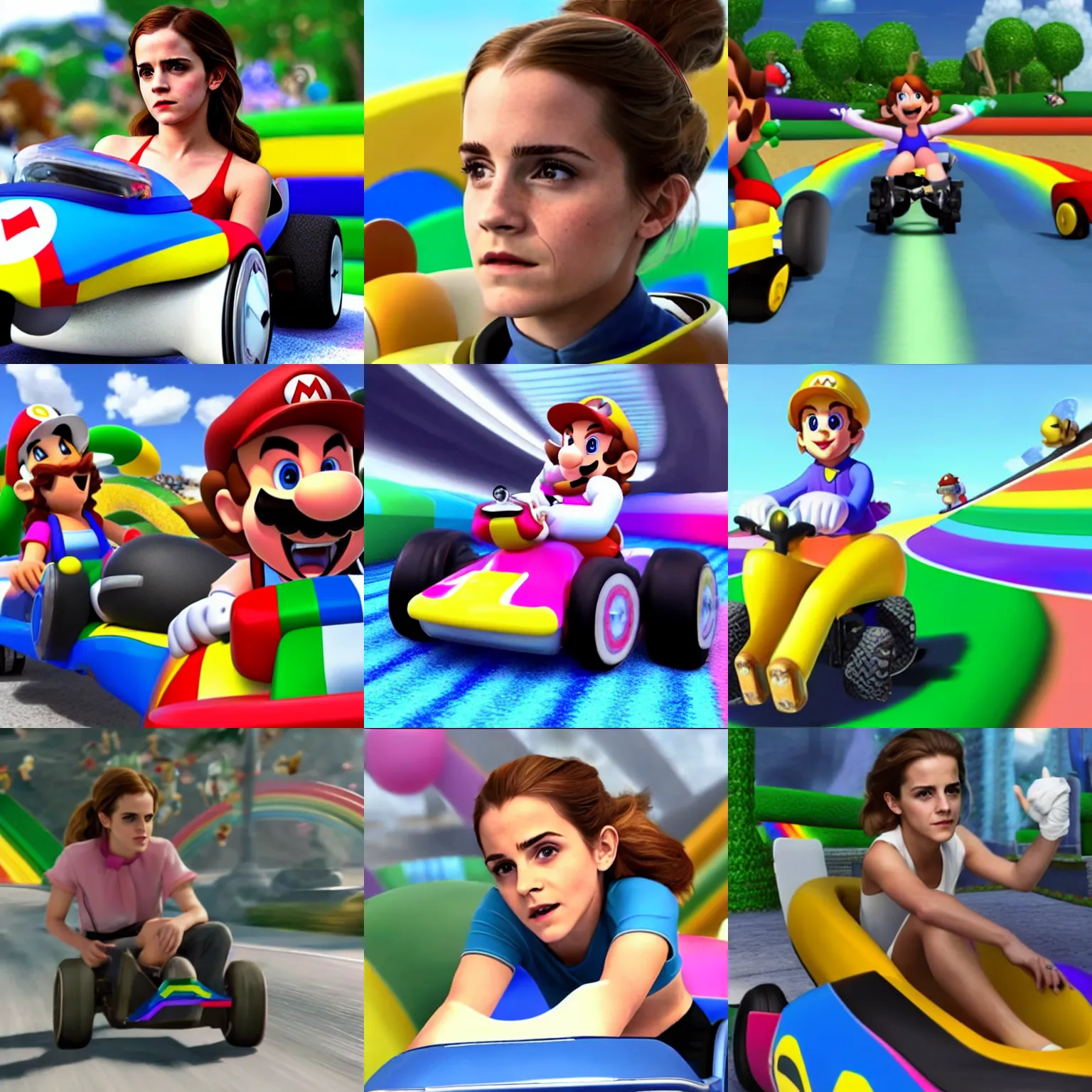 Prompt: Movie still of Emma Watson in Mario Cart Rainbow Road, live action