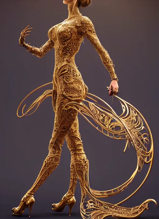 Image similar to a photo of a female in wearable sculpture art, ornate, metal works, intricate details, elegant, highly detailed, digital photography, artstation, glamor pose, concept art, smooth, sharp focus, art by artgerm and greg rutkowski, 3 d character, whole body, full body, film, photorealistic, unreal engine