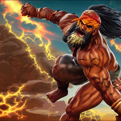 Image similar to jason momoa as dhalsim street fighter, high kick, ultra realistic, concept art, intricate details, highly detailed, photorealistic, octane render, 8 k, unreal engine, art by frank frazetta, simon bisley, brom