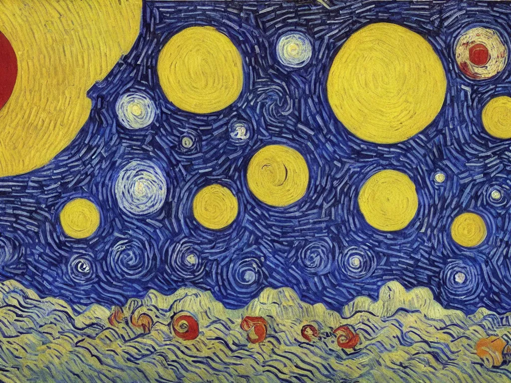 Image similar to A beautiful painting of a five planets by Gioele Muscolino Van Gogh, There are only five planets that are black, white, yellow, red, and blue, behind the galaxy and the universe, Trending on artstation, starry sky