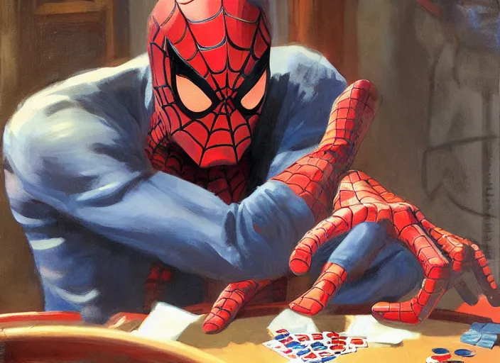 Prompt: a highly detailed beautiful portrait of spiderman playing poker, by gregory manchess, james gurney, james jean