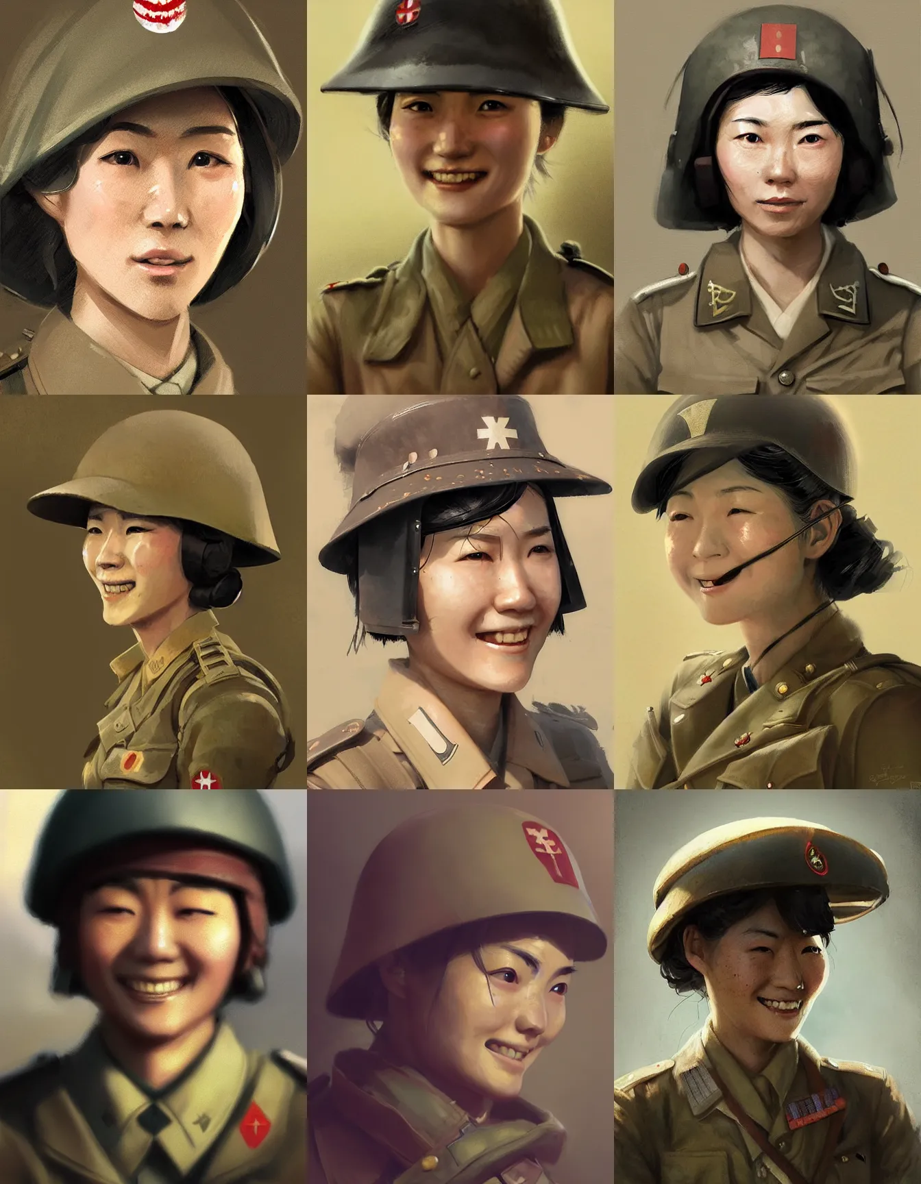 Prompt: japanese ww 2 female soldier, smiling, digital portrait by greg rutkowski, intricate, soft focus, highly detailed, cinematic, epic, artstation