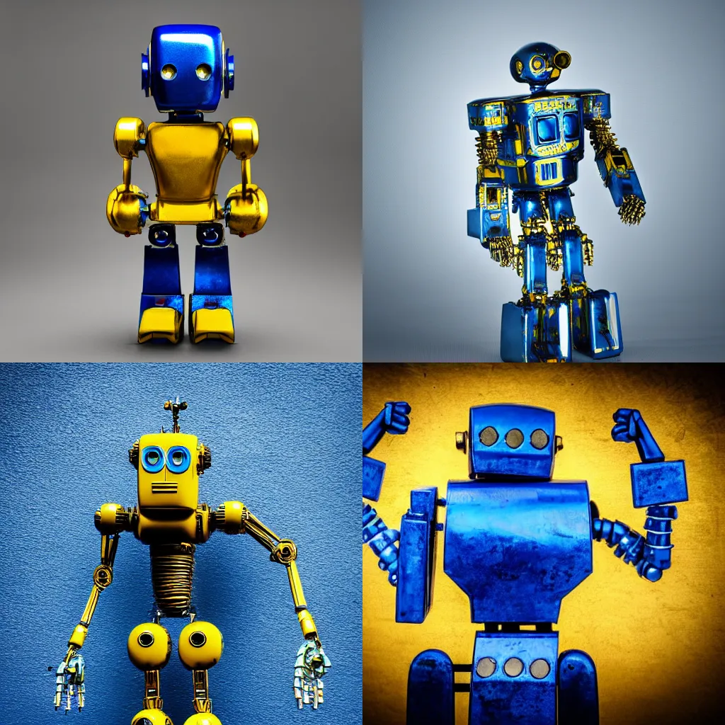 Prompt: half blue half yellow metal robot in dramatic pose, very detailed photography, 8k