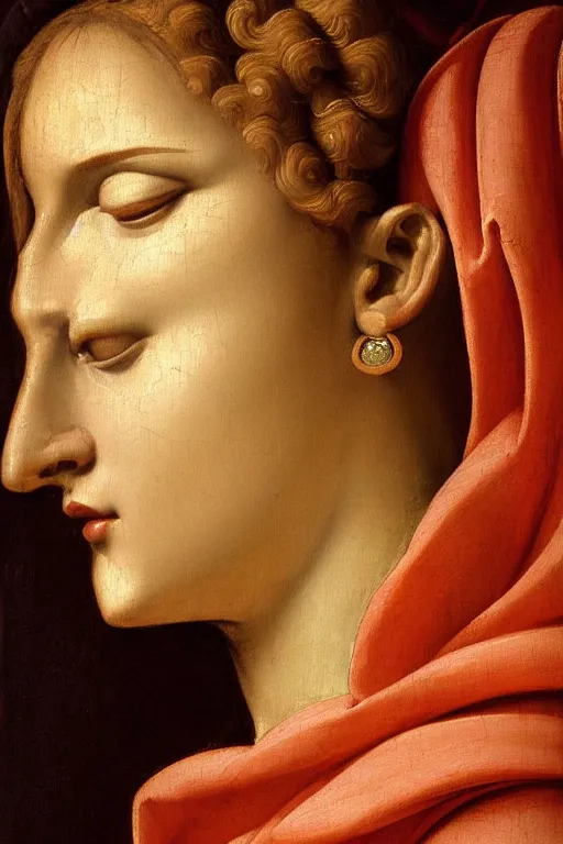 Prompt: renaissance painting of beautiful woman, compassion face, emotions closeup, dressed in roman clothes, ultra detailed, made in bronze, art by Guido Reni style, Vincenzo Catena style