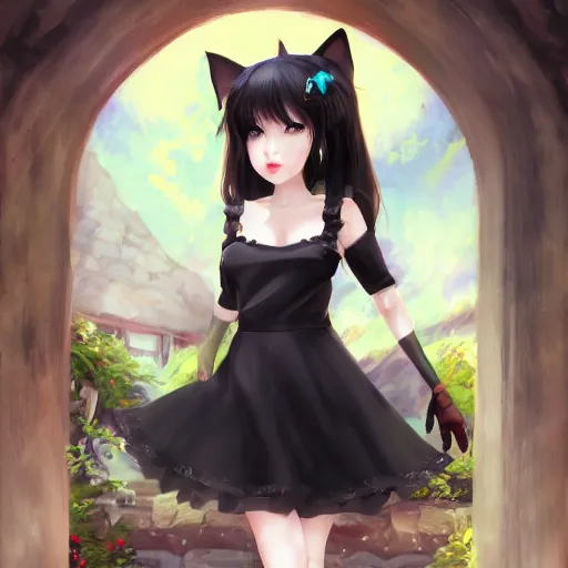 Prompt: realistic beautiful gorgeous natural cute fantasy girl black hair cute black cat ears in maid dress outfit beautiful eyes art drawn full HD 4K highest quality in artstyle by professional artists WLOP, Taejune Kim, JeonSeok Lee, ArtGerm, Ross draws, Zeronis, Chengwei Pan on Artstation