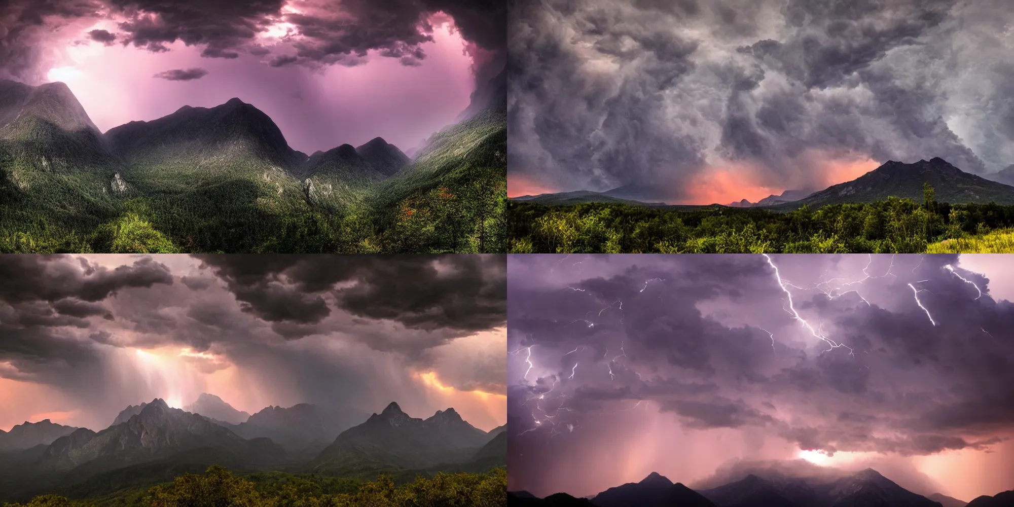 Prompt: mountains during a thunderstorm, cinematic feel, ethereal, sunset, powerful, majestic