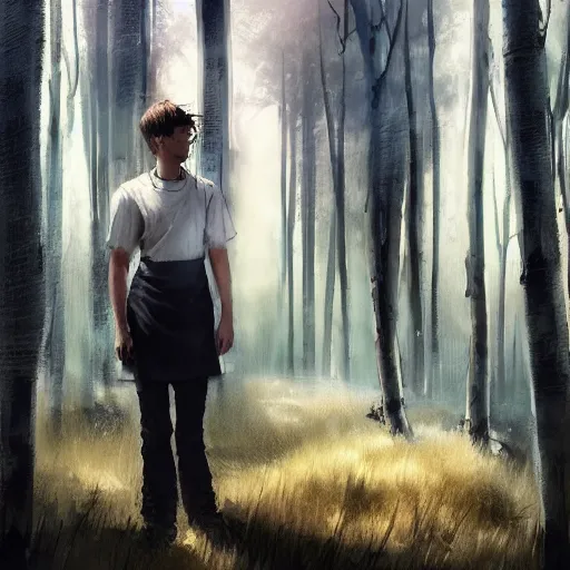 Prompt: a tall figure standing in the aspen forest, !dream portrait of a feminine boy with curly shoulder length dirty blond hair, wearing a white t shirt and black work apron, dramatic lighting, illustration by Greg rutkowski, yoji shinkawa, 4k, digital art, concept art, trending on artstation