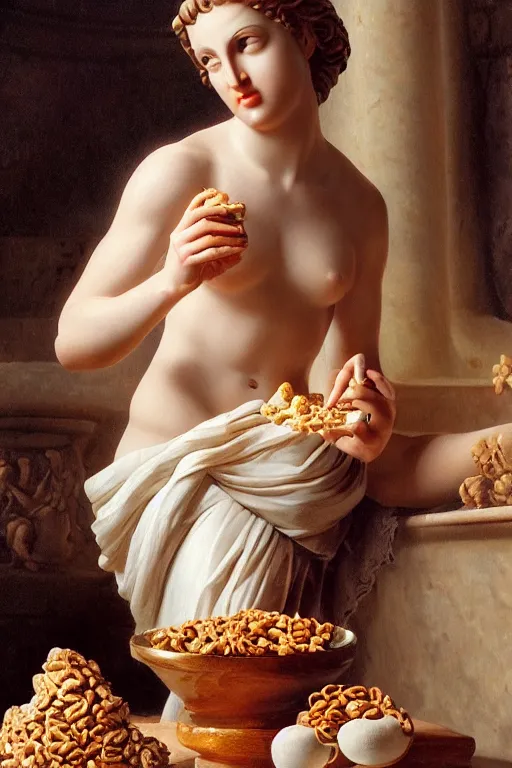 Prompt: greek statue of Aphrodite eating cereal, oil on canvas, intricate, portrait, 8k highly professionally detailed, HDR, CGsociety