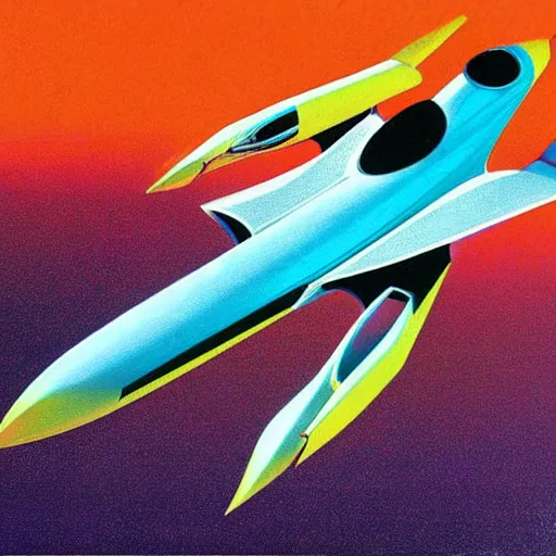 Prompt: futuristic supersonic passenger jet, concept art, 1 9 7 0 s style, saturated colors