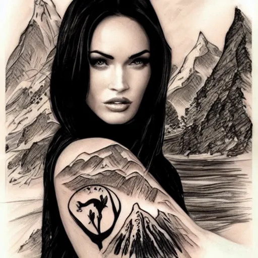 Image similar to double exposure effect tattoo design sketch of megan fox with beautiful mountain scenery, realism tattoo, in the style of den yakovelev, amazing detail, sharp