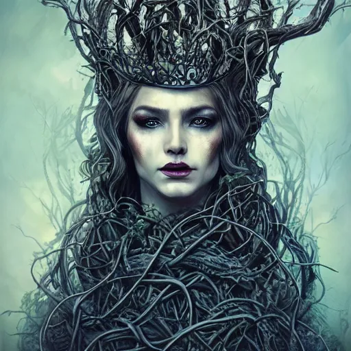 Prompt: dramatic portrait of the dark queen of snakes, wearing a crown of thorned vines, blue skin, realism, dark fantasy illustration, surrounded by dead forest, dynamic lighting, detailed textures, octane render, artstation