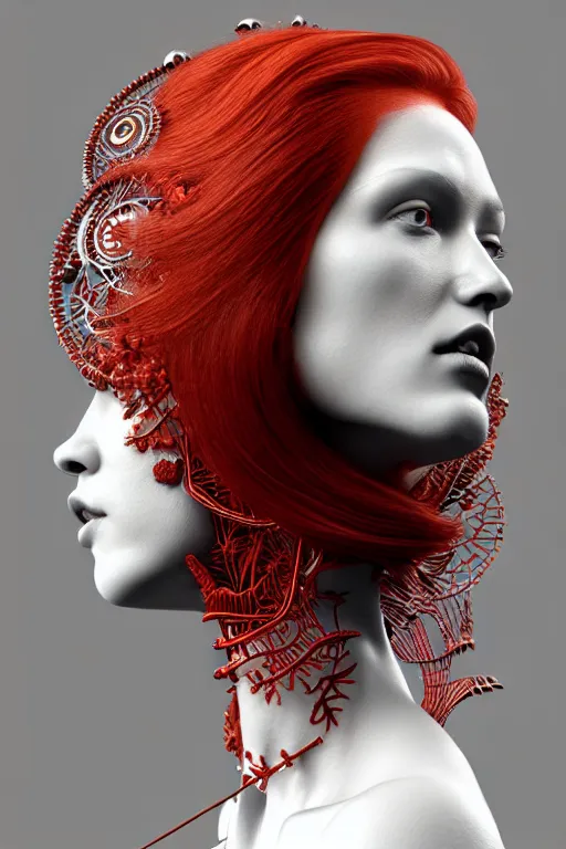 Prompt: complex 3d render ultra detailed of a beautiful porcelain profile red hair woman face, biomechanical cyborg, analog, 150 mm lens, beautiful natural soft rim light, big leaves and stems, roots, fine foliage lace, silver white red details, massai warrior, Alexander Mcqueen high fashion haute couture, pearl earring, art nouveau fashion embroidered, steampunk, intricate details, mesh wire, mandelbrot fractal, anatomical, facial muscles, cable wires, microchip, elegant, hyper realistic, ultra detailed, octane render, H.R. Giger style, volumetric lighting, 8k post-production