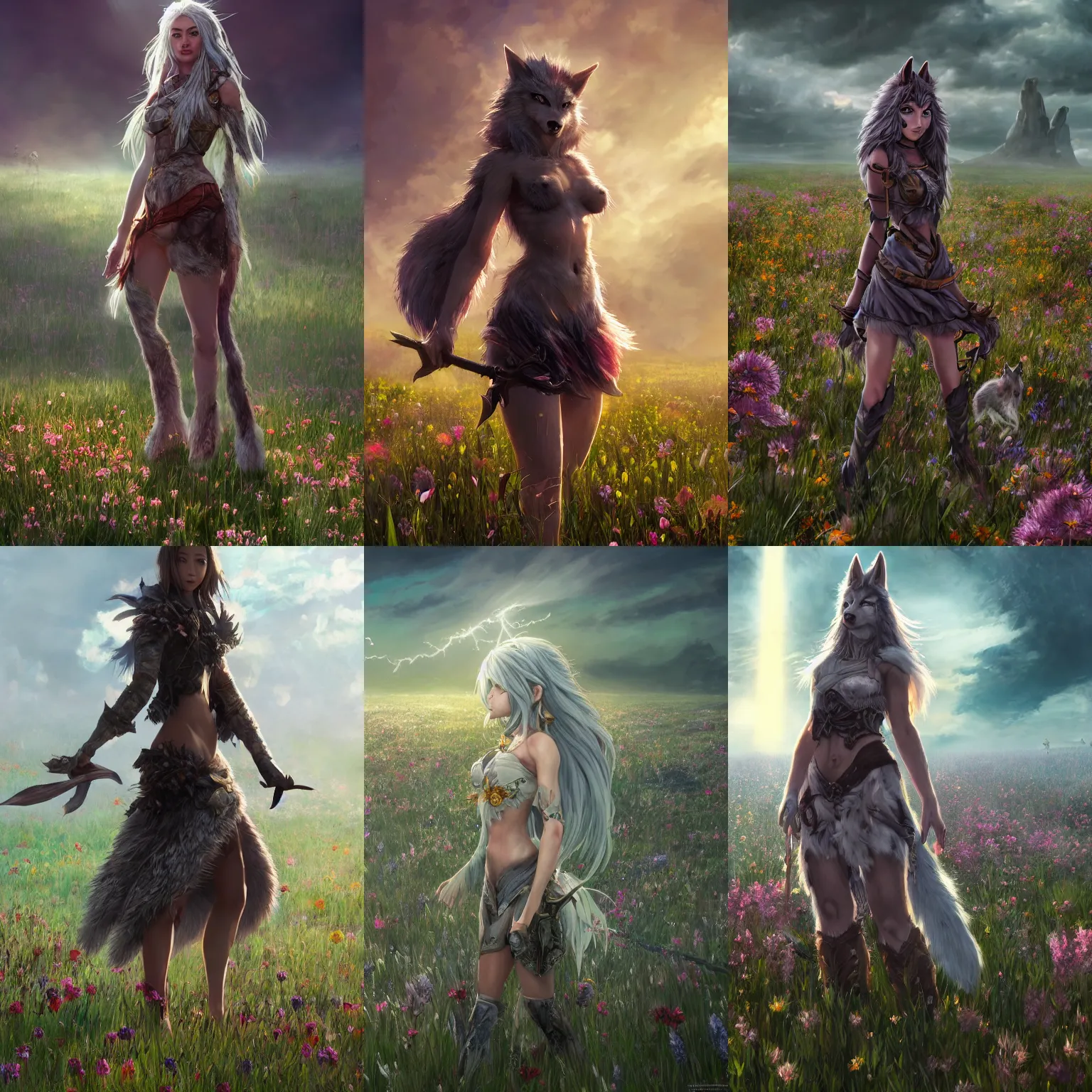 Prompt: A high fantasy wolf girl standing in the middle of the field of flowers, by Eddie Mendoza, cinematic full shot, thrilling, suspense, god rays, digitalized art, official media, beautiful, detailed, high quality, wallpaper 4K, epic, trending on artstation and behance, dynamic lightning