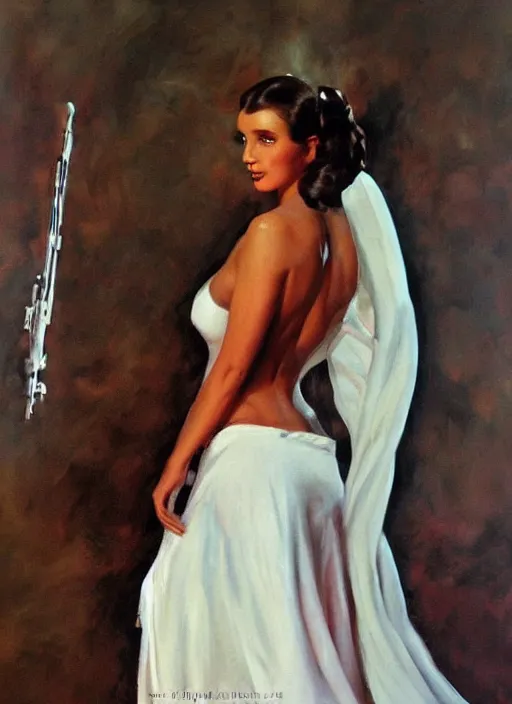 Prompt: oil painting of Princess Leia white ceremony dress torn ripped by frank frazetta alluring pin up deviant art seductive