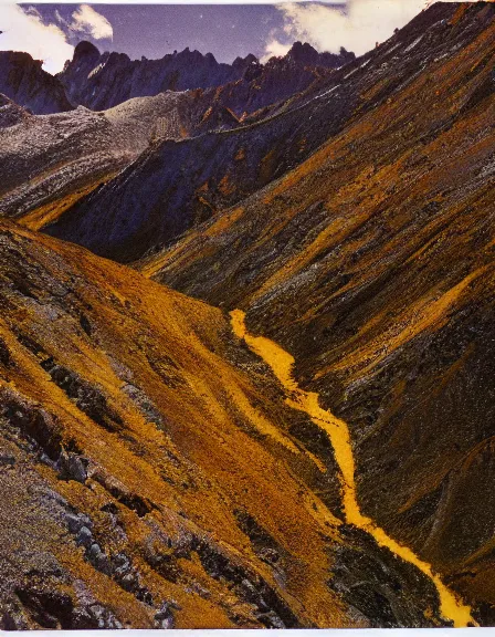 Image similar to vintage color photo of Cordillera De Los Andes covered in liquid gold reflecting light, 8k definition