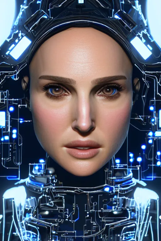 Image similar to close up headshot of Natalie Portman as a female android, intricately detailed mechanical parts, complicated circuits and wires, beautiful gazing symmetric blues eyes, unreal engine, path tracing, 8k, artstation