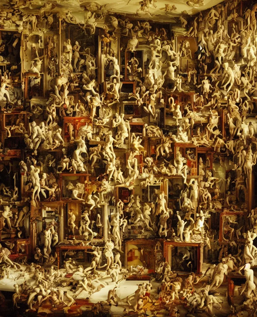 Image similar to room containing all human depravity and hedonism, earthly pleasures