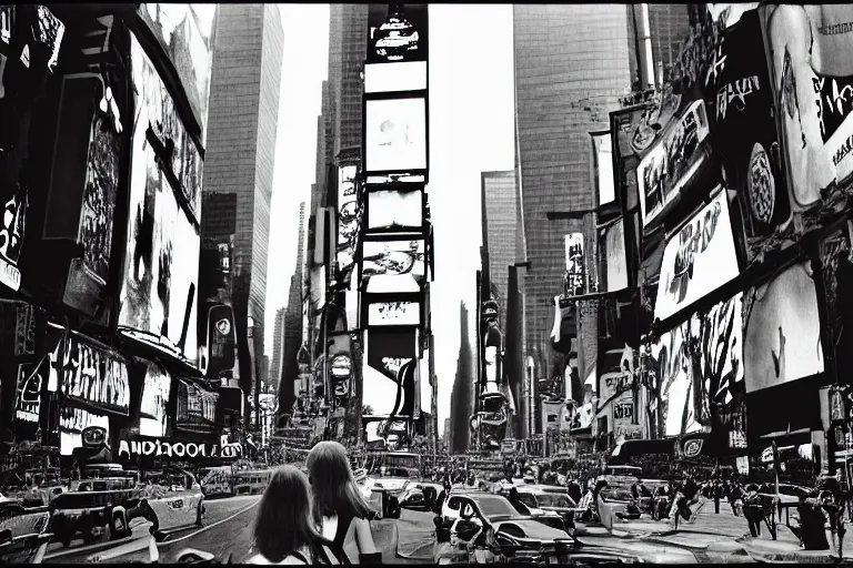 Image similar to an intricate, awe inspiring cyberpunk photograph of a girl with balloon, Times Square, by Ansel Adams ((black and white))