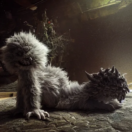 Image similar to full body pose, hyperrealistic photograph of a cute fuzzy goblin monster, dim volumetric lighting, 8 k, octane beautifully detailed render, extremely hyper detailed, intricate, epic composition, cinematic lighting, masterpiece, trending on artstation, very very detailed, stunning, hdr, smooth, sharp focus, high resolution, award, winning photo, dslr, 5 0 mm