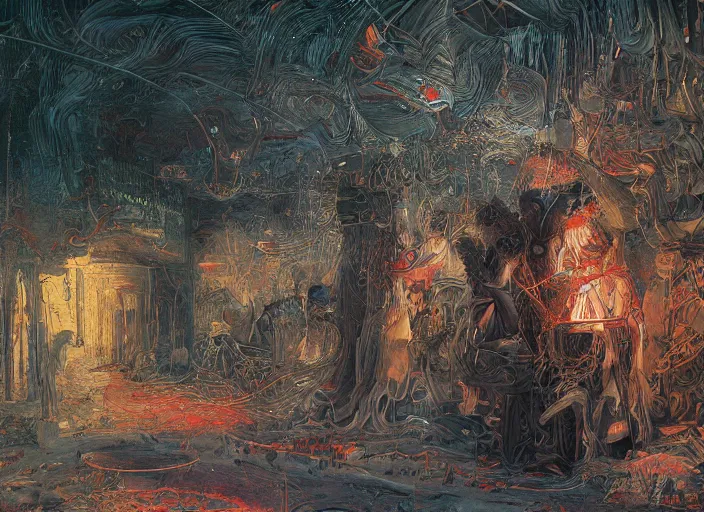 Image similar to satanic ritual, neon, they are watching, RGB, glowing wires everywhere, pristine, by Edgar Maxence and Ross Tran, Zdzisław Beksiński, and Michael Whelan, distant, gustav dore, H.R. Giger, 8k, octane render