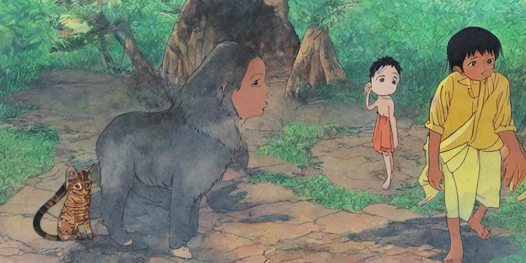 Image similar to , sri lankan kid and cat, drawn by hayao miyazaki