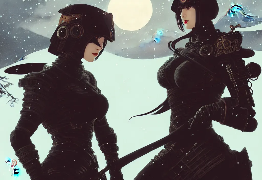 Image similar to portrait ninja gaiden girl, armored dieselpunk wardrobe, at snowy fuji mountain moonlight, ssci - fi and fantasy, intricate and beautiful and elegant, digital painting, artstation, concept art, smooth and sharp focus, illustration, art by tian zi and wlop and alphonse mucha