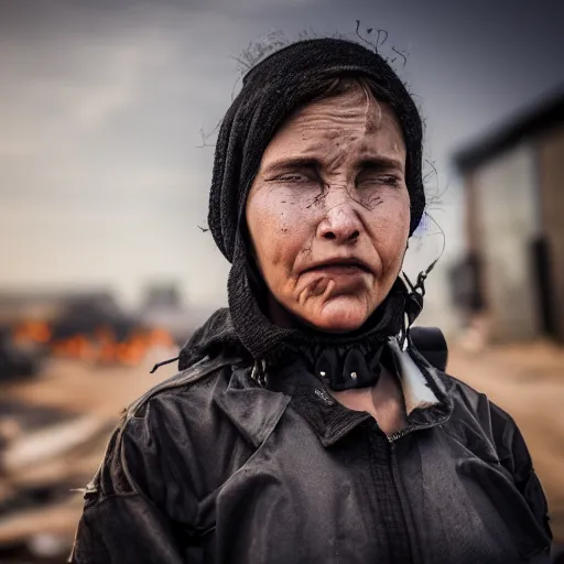 Image similar to photographic portrait of a poor techwear woman holding back tears, a futuristic shanty town burns in the background, closeup, sigma 85mm f/1.4, 4k, depth of field, high resolution, 4k, 8k, hd, full color