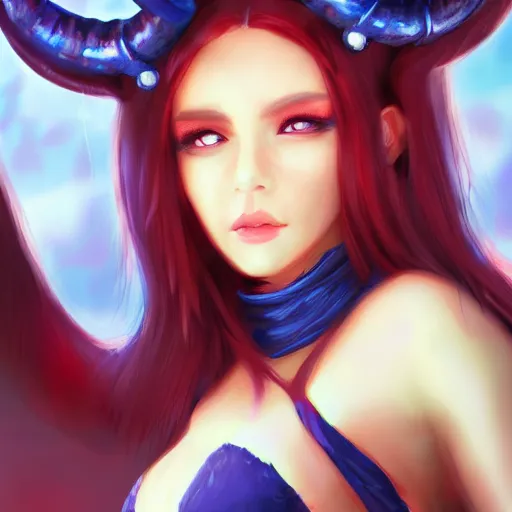 Image similar to portrait of demon queen with blue horns, anime girl, digital painting, devian art, trending on artstation, hd, 4 k