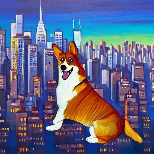 Image similar to giant welsh corgi dog standing over new york city skyline, painting