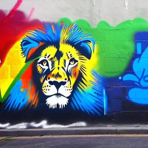 Prompt: wall with graffiti, splash painting of a lion