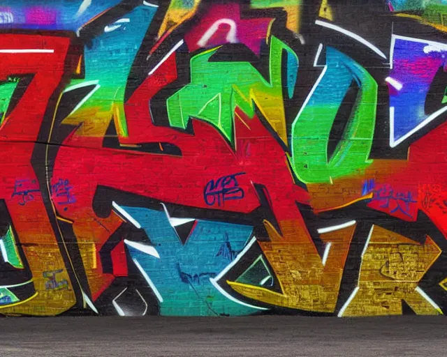 Image similar to 4 k hd, high resolution photograph of graffiti letters on a highway wall, full colour, shot with sigma f / 4. 2, 2 5 0 mm sharp lens, wide shot, high level texture render