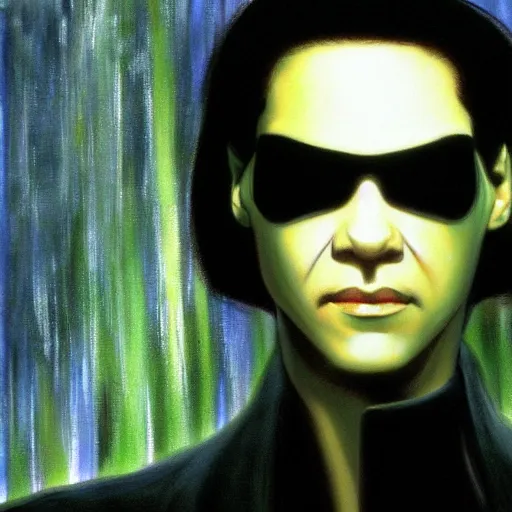 Image similar to Neo from Matrix, artwork by Bob Ross, deviantart contest winner,